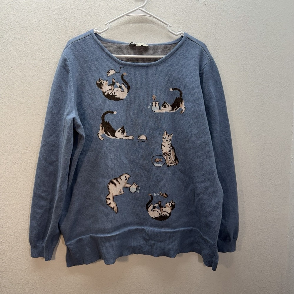 Astrologie Cat Whimsical Pullover Blue Knit Sweater Womens XL Grandma Core